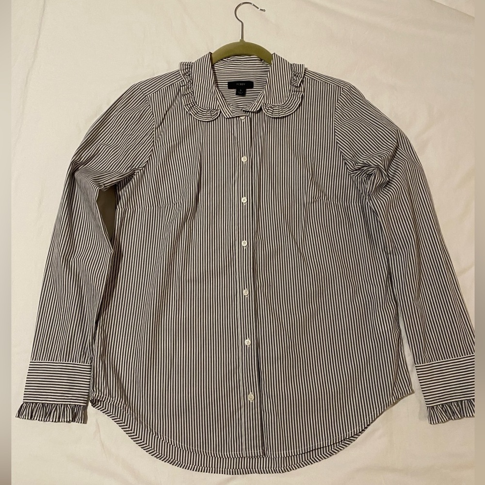 J.Crew Ruffle Button Down - Blue and White Stripe - Size Small